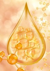 Illustration d’une goutte dorée avec des structures moléculaires symbolisant le collagène dans les soins de la peau