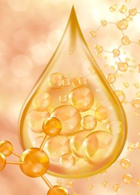 Illustration d’une goutte dorée avec des structures moléculaires symbolisant le collagène dans les soins de la peau