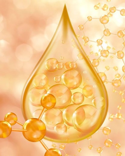 Illustration d’une goutte dorée avec des structures moléculaires symbolisant le collagène dans les soins de la peau