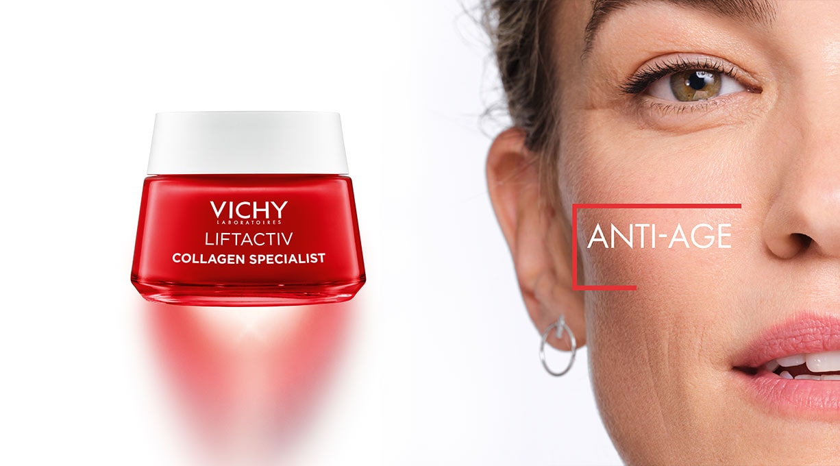 Vichy Anti Aging Creme im roten Tiegel und Gesicht einer Frau mit Falten um den Mund