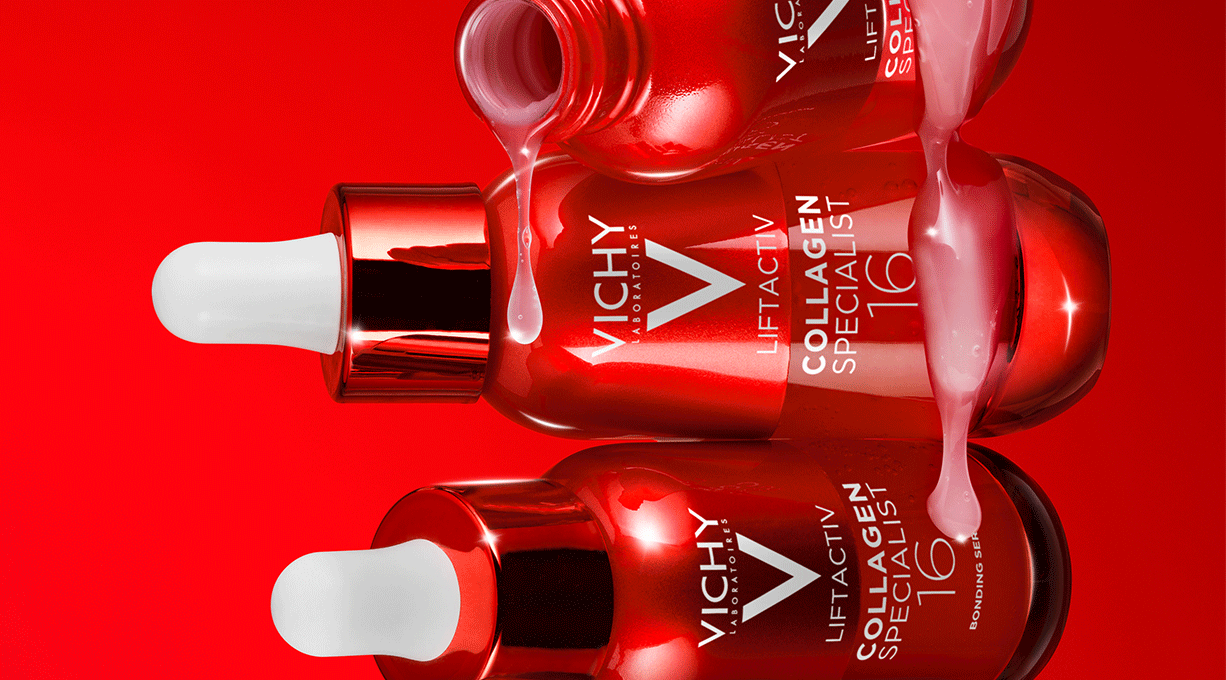 Drei Flaschen C16 Kollagen-Serum von Vichy, die übereinander liegen