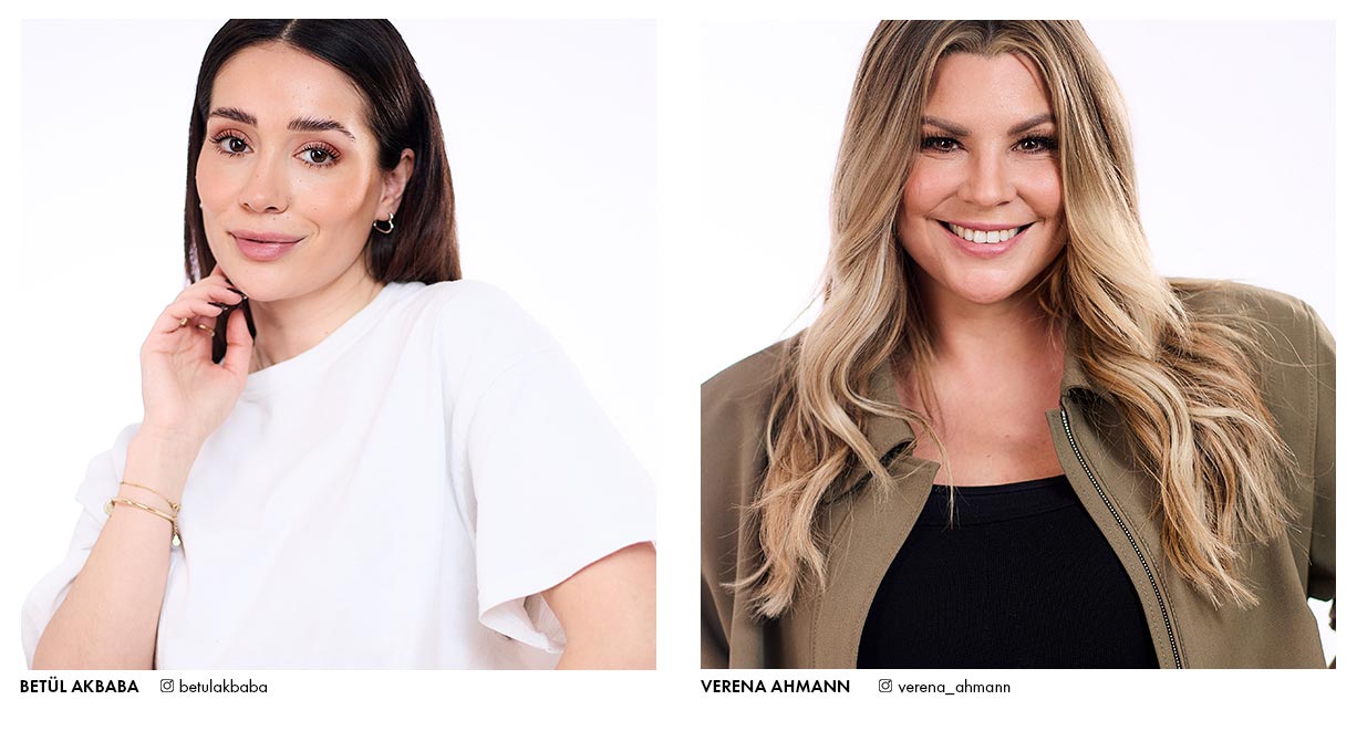 Porträt der Influencerinnen Betül Akbaba und Verena Ahmann vor hellem Hintergrund mit eingeblendeten Instagram-Namen