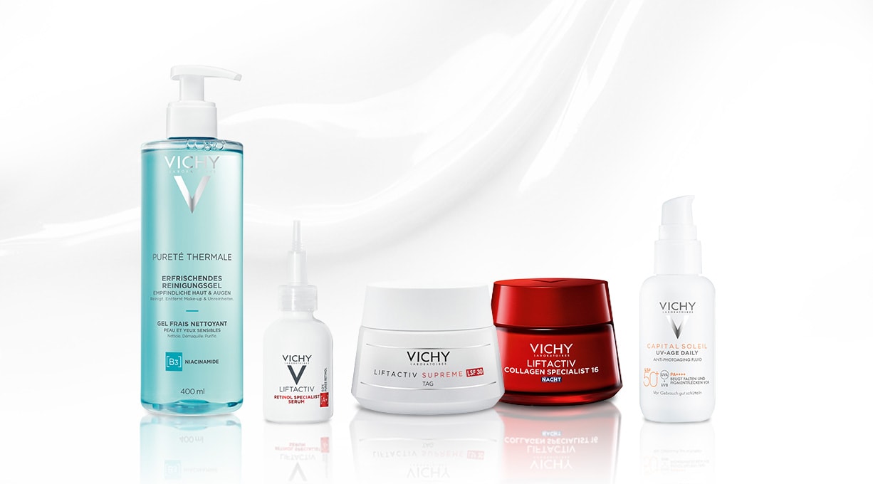 Verschiedene Vichy-Produkte für Anti-Aging-Pflege und UV-Schutz nebeneinander angeordnet.