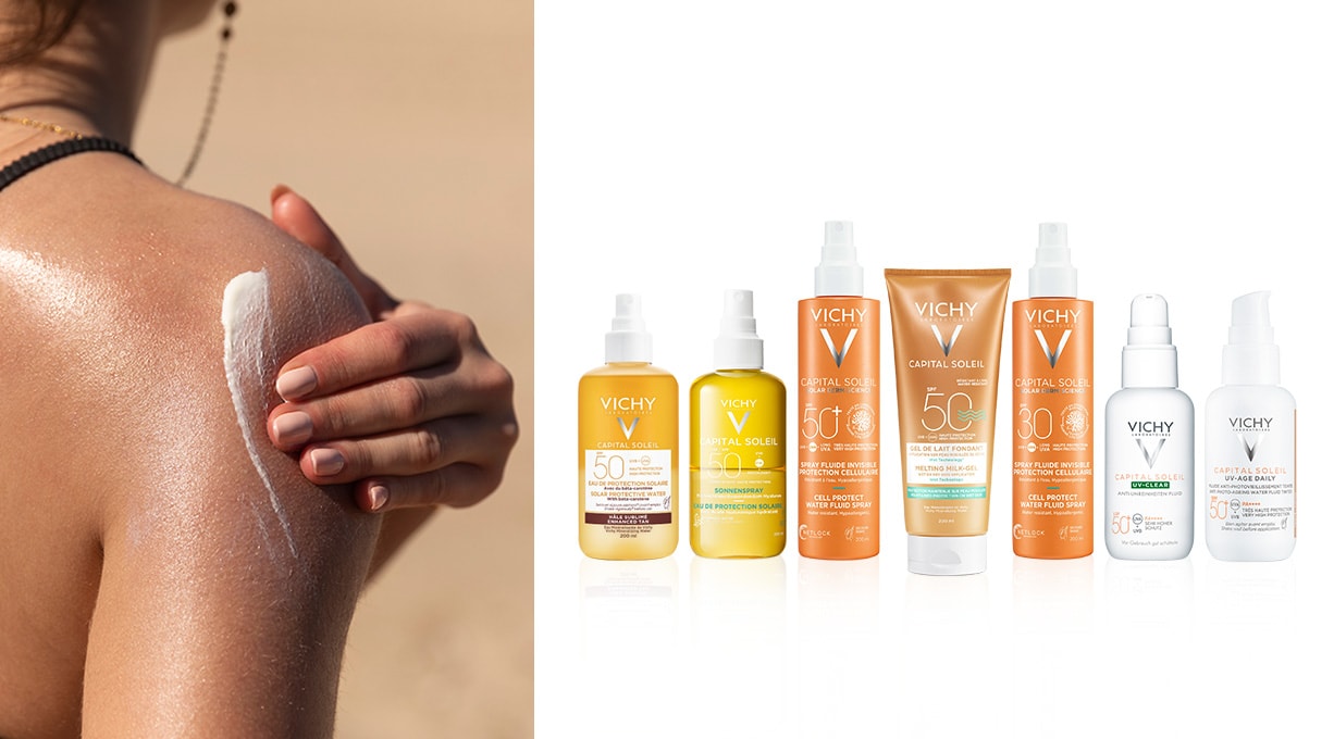 Eine Person cremt ihre Schulter mit Sonnencreme ein und daneben stehen Vichy Sonnenschutzprodukte, die vor UVA-Strahlen schützen