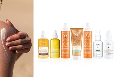 Eine Person cremt ihre Schulter mit Sonnencreme ein und daneben stehen Vichy Sonnenschutzprodukte, die vor UVA-Strahlen schützen