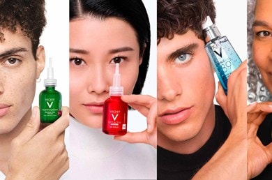 Illustration de personnes à différentes étapes de leur vie avec les produits Vichy adaptés