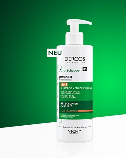 Anti-Schuppen Shampoo von Dercos auf grünem Hintergrund. Produkt für alle Haartypen gegen Schuppen und Juckreiz. Mit Mikro-Bioma-Technologie.