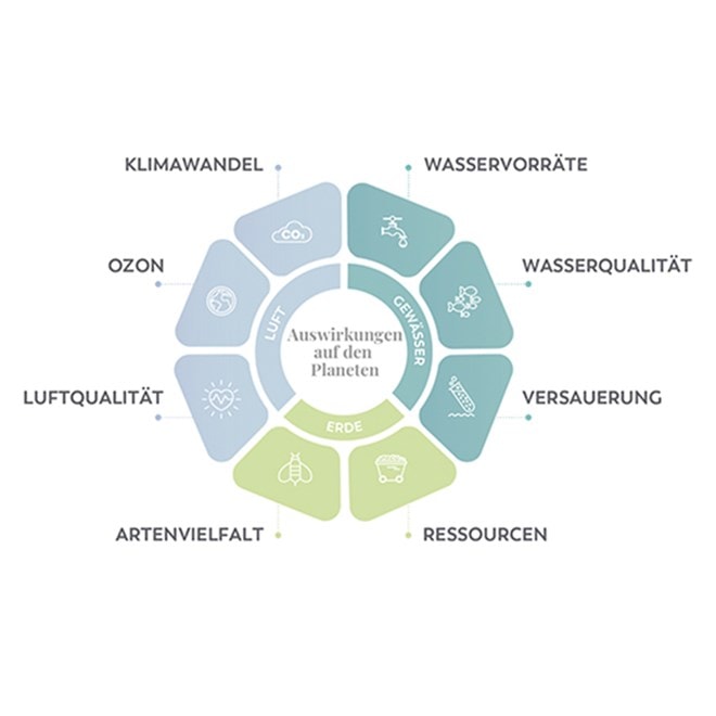 Grafische Darstellung der Umweltauswirkungen auf die Erde, unterteilt in Bereiche wie Klima, Luft, Wasser und Ressourcen, mit Themen wie Klimawandel, Artenvielfalt, Wasservorräte und Luftqualität.