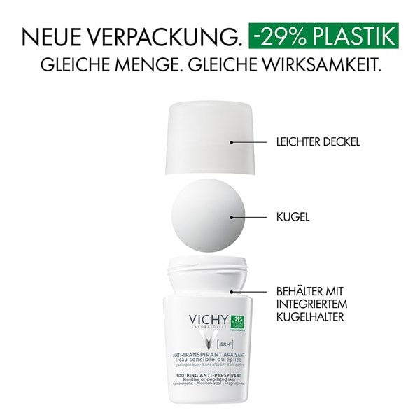 Dekonstruiertes VICHY Anti-Transpirant 48h sensitiv Deodorant mir neuer Verpackung mit 29 Prozent weniger Plastik