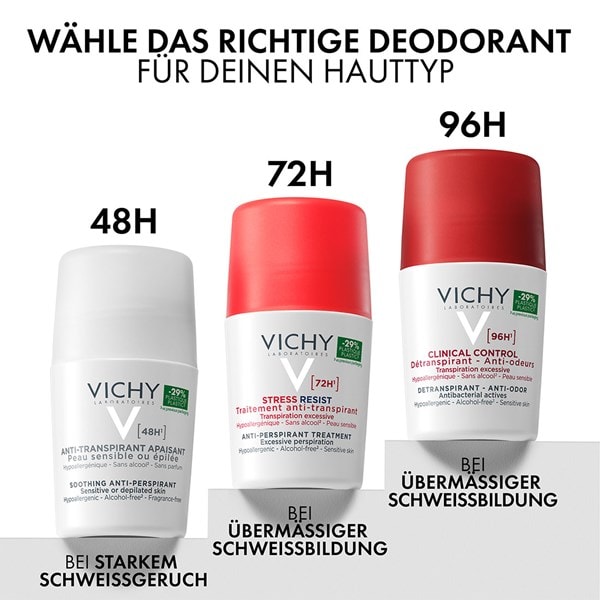 Aufreihung verschiedener Vichy Deodorants für unterschiedliche Hauttypen und 48h, 72h oder 96h Schutz