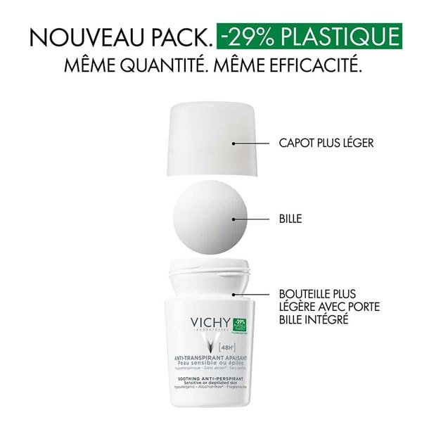 Déodorant anti-transpirant 48h sensible VICHY déconstruit avec un nouvel emballage contenant 29 % de plastique en moins