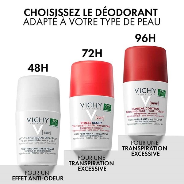 Gamme de déodorants Vichy adaptés à différents types de peau et offrant une protection de 48 h, 72 h ou 96 h.