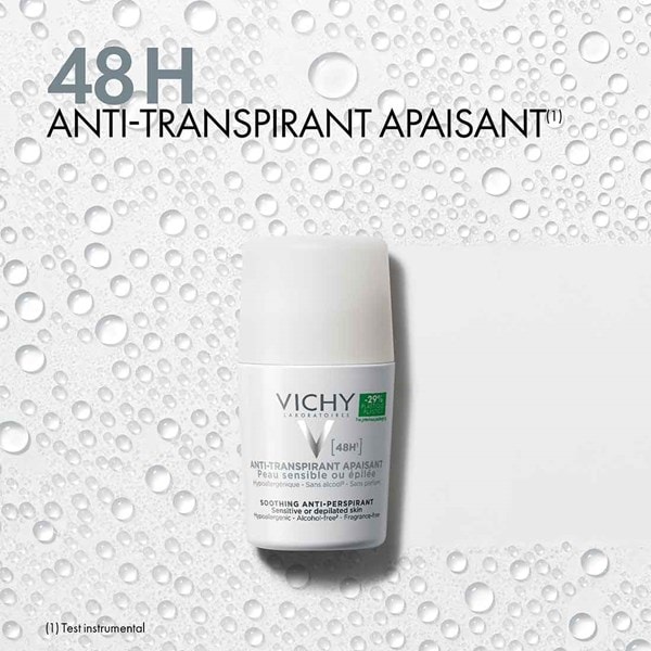 Déodorant anti-transpirant 48h sensible VICHY. Anti-transpirant apaisant pour une protection 48h.