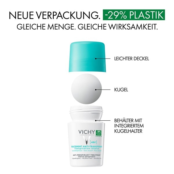 Dekonstruiertes VICHY Anti-Transpirant 48h roll-on Deodorant mit neuer Verpackung mit 29 Prozent weniger Plastik