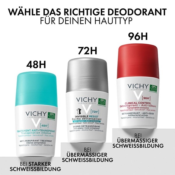 Aufreihung verschiedener Vichy Deodorants für unterschiedliche Hauttypen und 48h, 72h oder 96h Schutz