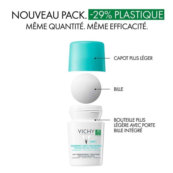 Déodorant anti-transpirant 48h à bille VICHY déconstruit, dans un nouvel emballage contenant 29 % de plastique en moins.