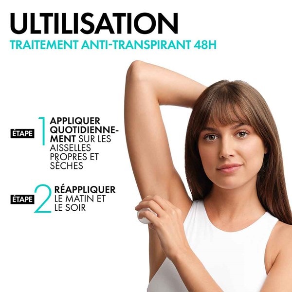 Une jeune femme aux aisselles lisses montre les étapes d'application du roll-on anti-transpirant 48h de VICHY.
