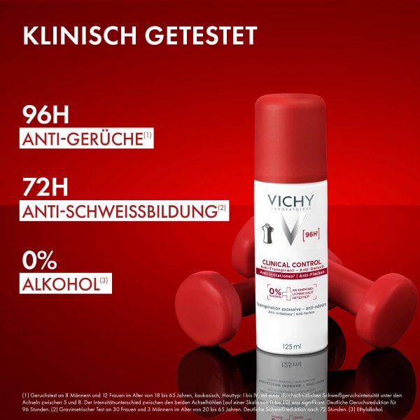Vichy Clinical Control Deodorant vor roten Hanteln, im Bild steht: klinisch getestet, 96h gegen Geruch, 72h gegen Schweiss, 0 % Alkohol