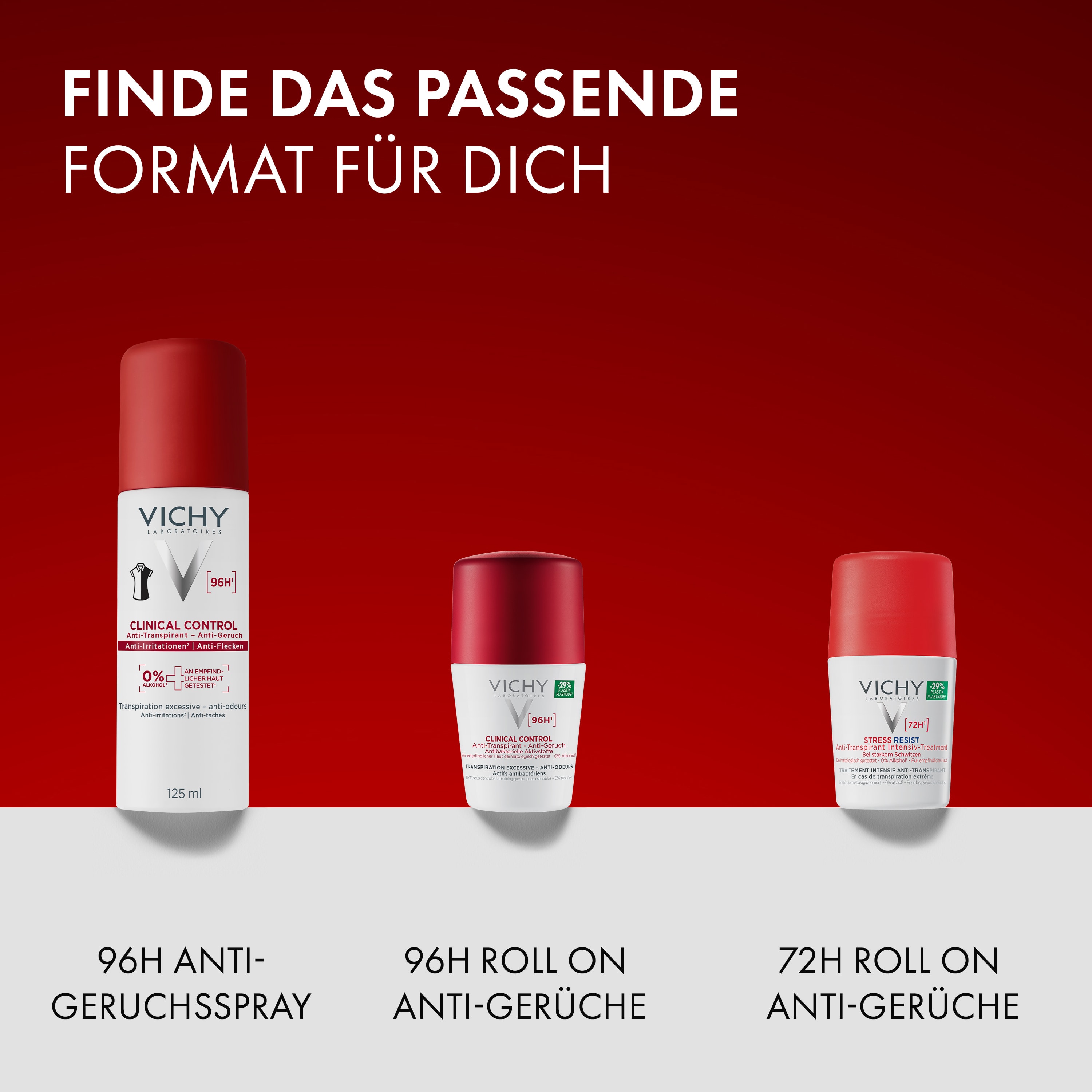 Drei Vichy Clinical Control Deodorants in verschiedenen Formaten, im Bild steht: passendes Format wählen, 96h Spray, 96h Roll-on, 72h Roll-on
