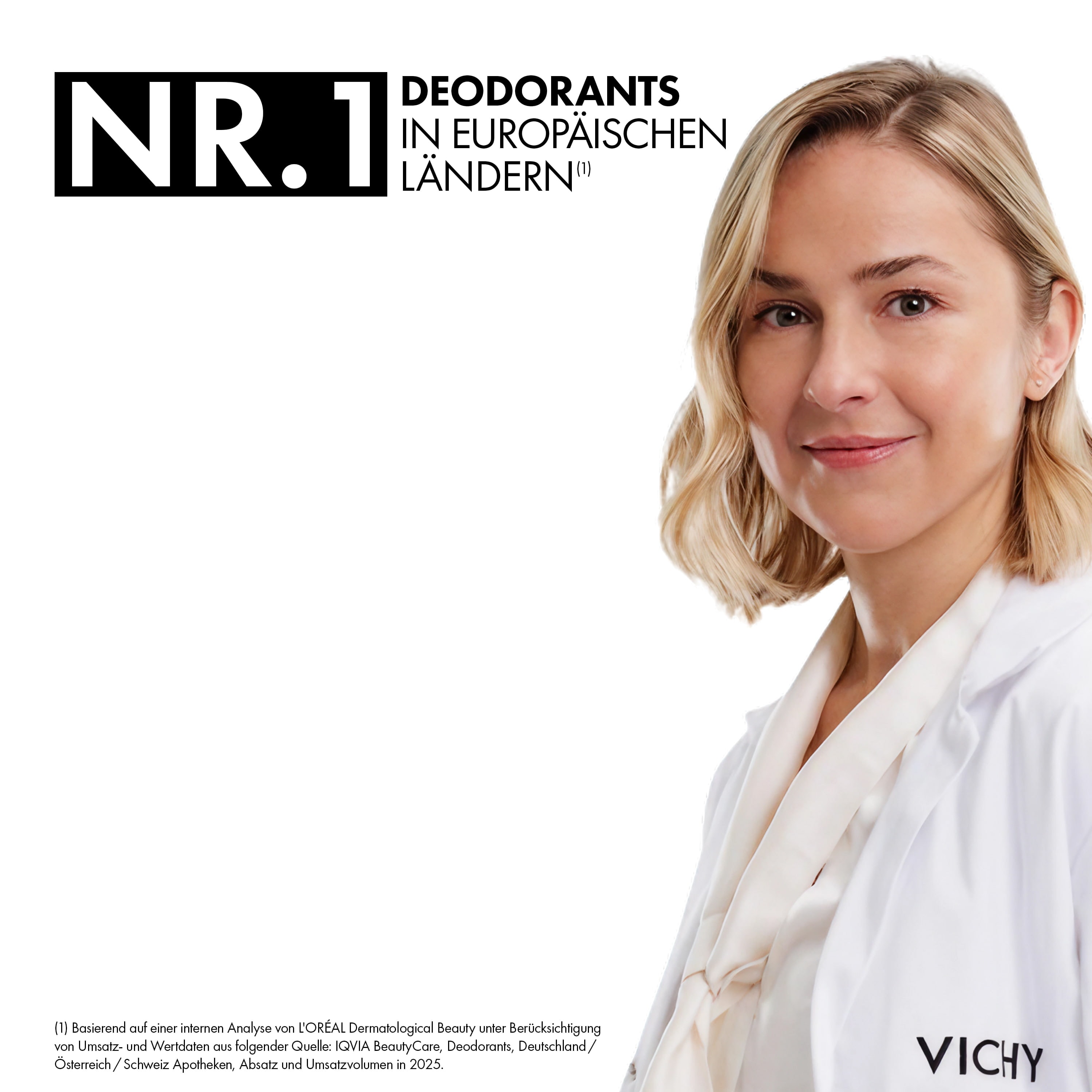 Frau im weissen Kittel mit Vichy-Logo, im Bild steht: Nr. 1 Deodorants in Europa