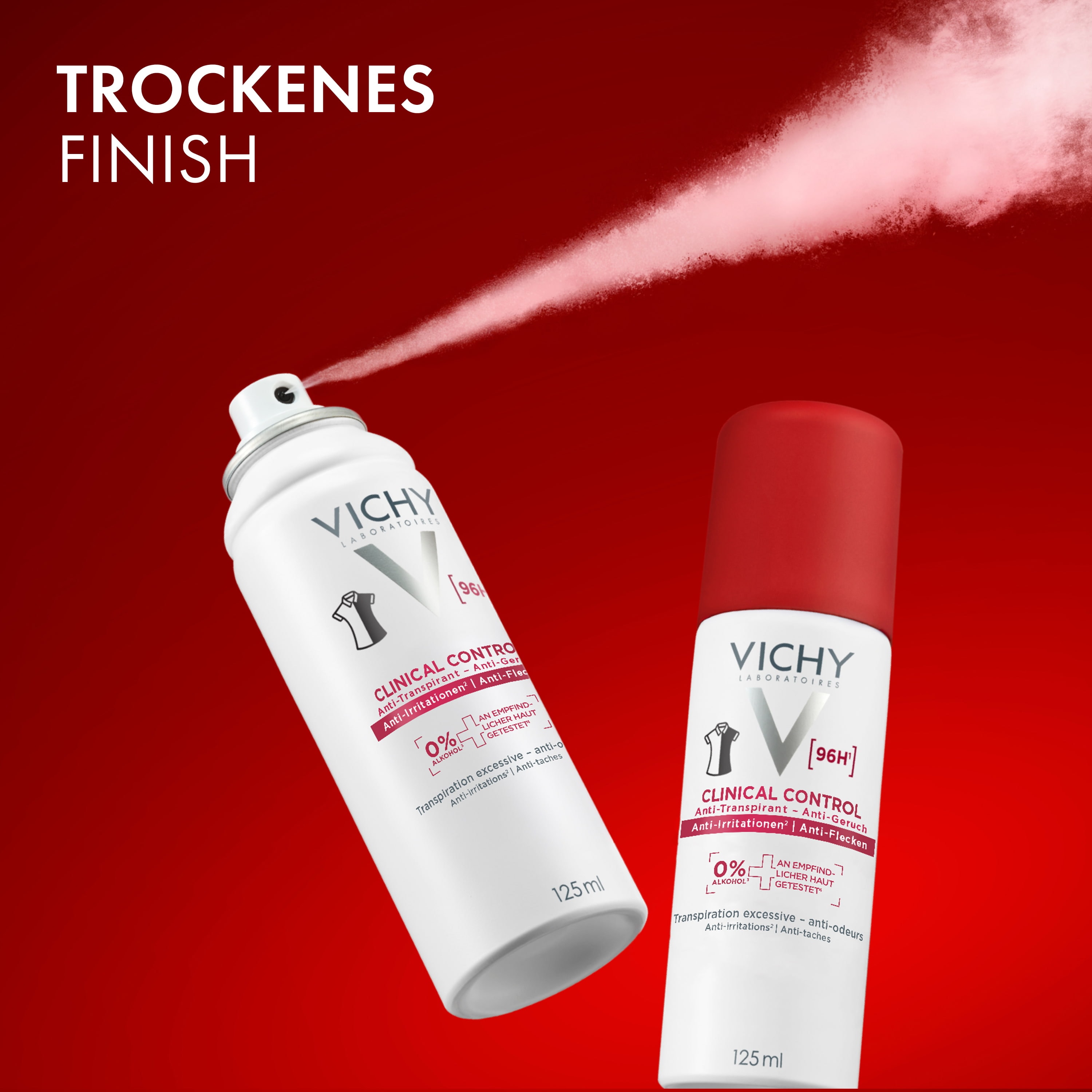 Vichy Clinical Control Deodorant-Spray sprüht feinen Nebel neben zweiter Dose, im Bild steht: trockenes Finish