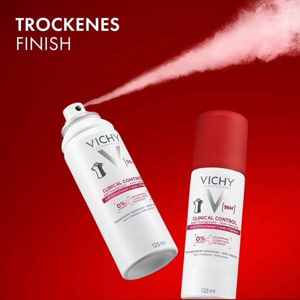 Vichy Clinical Control Deodorant-Spray sprüht feinen Nebel neben zweiter Dose, im Bild steht: trockenes Finish