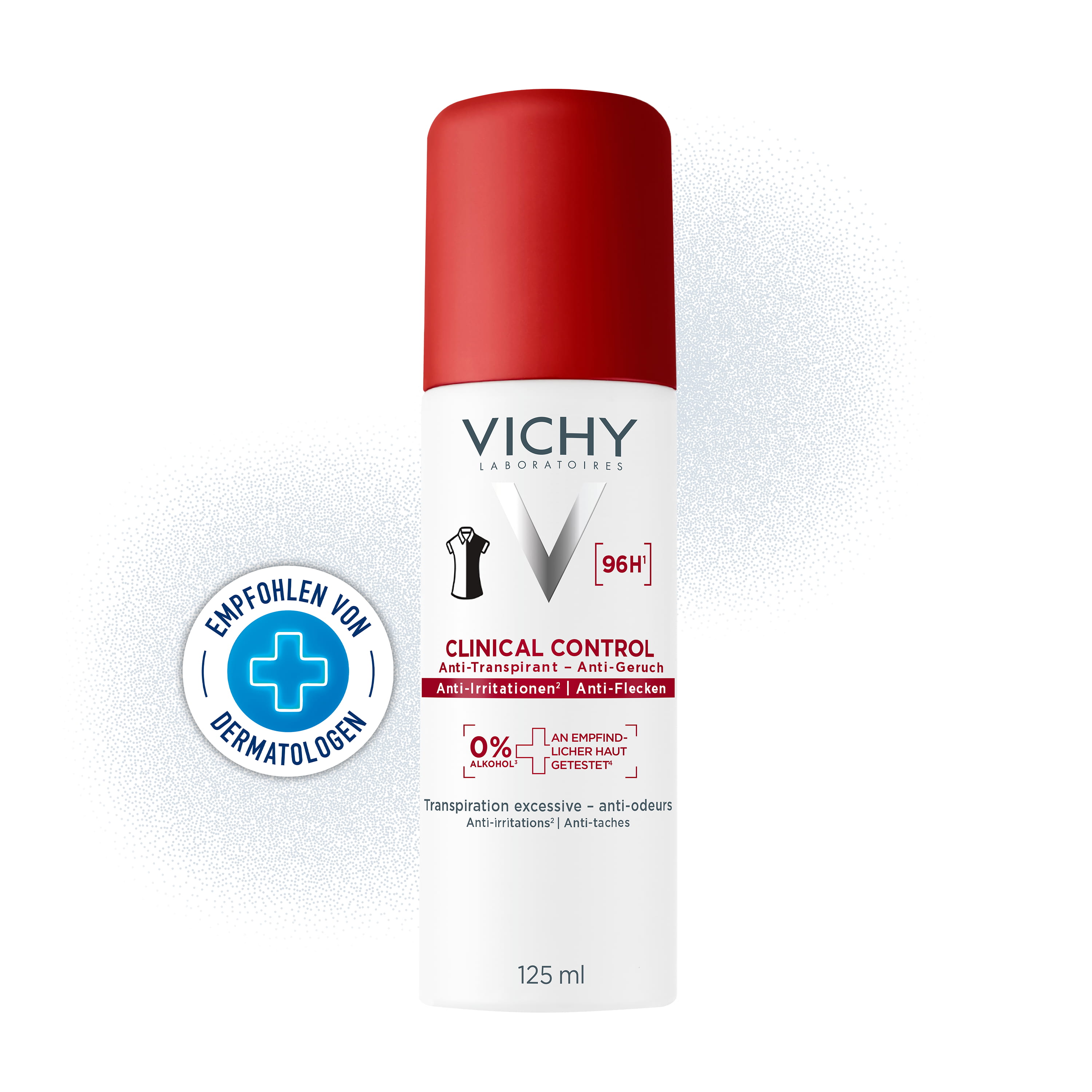 Vichy Clinical Control Deodorant-Spray mit Siegel, im Bild steht: empfohlen von Dermatologen