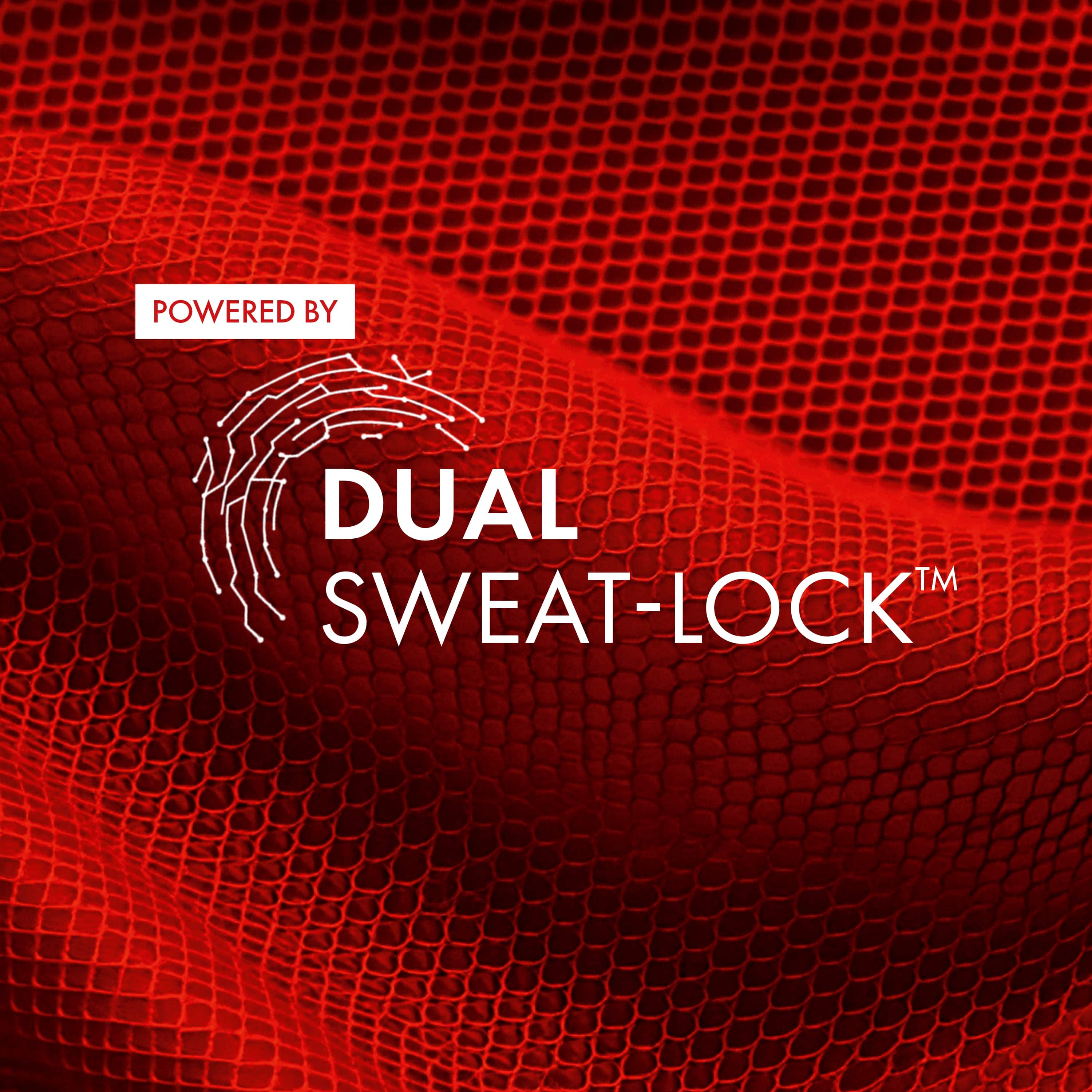 Roter netzartiger Hintergrund, im Bild steht: Powered by Dual Sweat-Lock™
