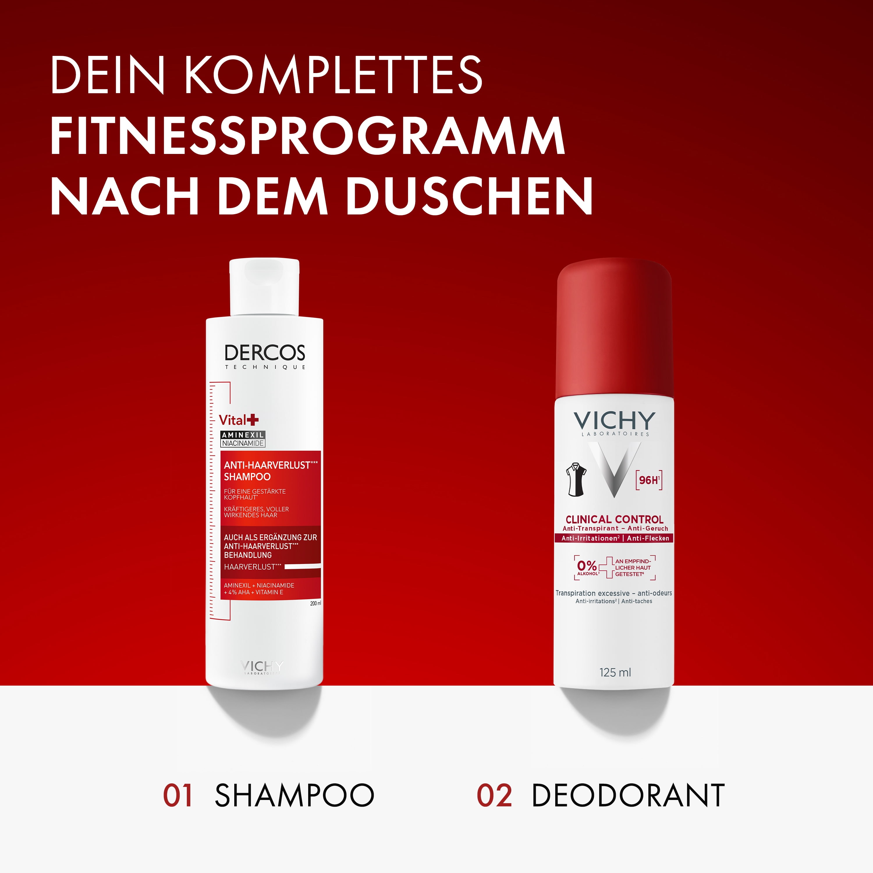 Vichy Dercos Anti-Haarverlust Shampoo und Vichy Clinical Control Deodorant, im Bild steht: Fitnessprogramm nach dem Duschen