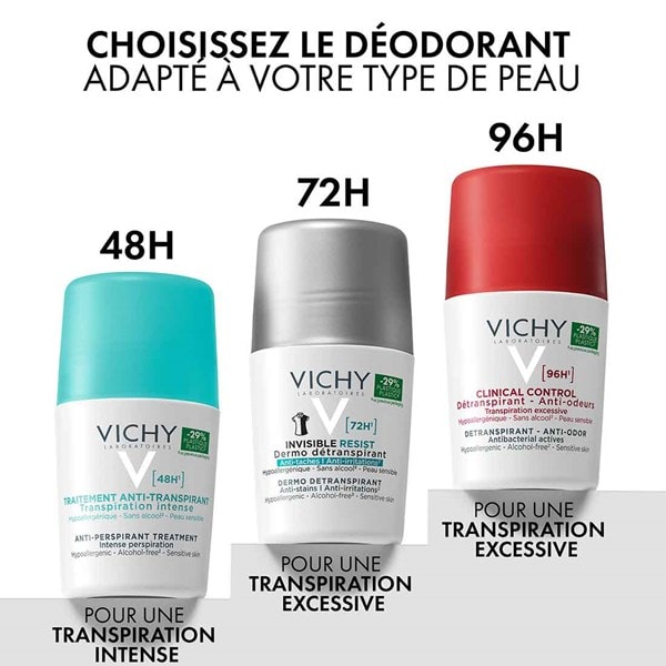 Illustration de différents déodorants Vichy offrant une protection de 48 h, 72 h ou 96 h.