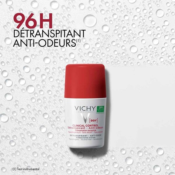 Déodorant roll-on VICHY Clinical Control 96h pour femmes, pour une protection de 96 heures contre la transpiration et les odeurs