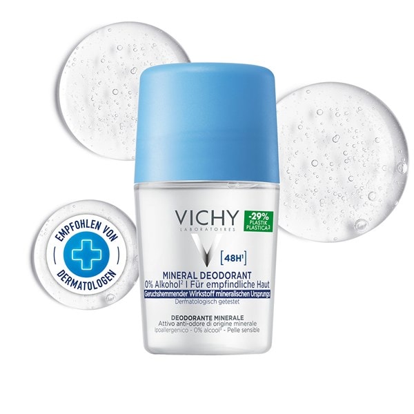 Produktbild des VICHY Mineral 48h Deodorants mit Derm Logo und Creme-Textur im Hintergrund