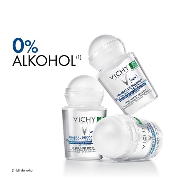 Bild von 3 offenen Vichy Mineral 48 Stunden Roll-on Deodorants mit 0 Prozent Alkohol