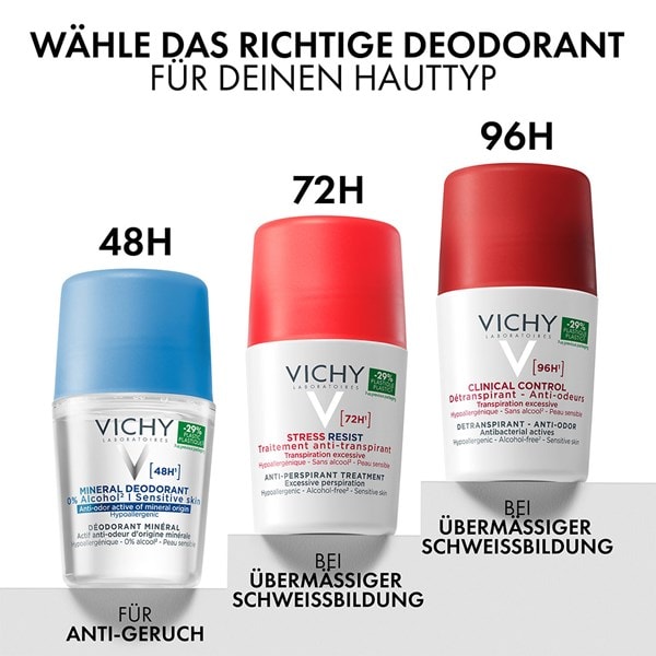 Abbildung verschiedener Vichy Deodorants für unterschiedliche Hauttypen und 48h, 72h oder 96h Schutz.