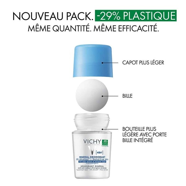 Déodorant roll-on Vichy Mineral 48h déconstruit avec un nouvel emballage contenant 29 % de plastique en moins.