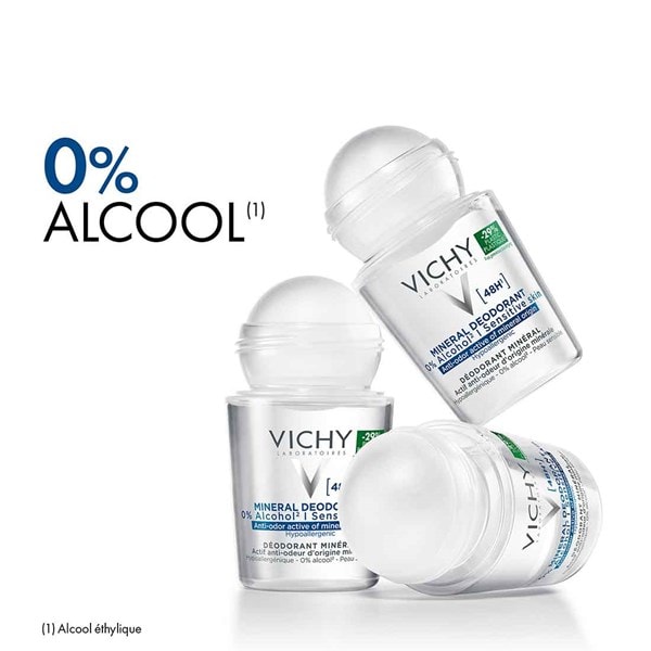 Image de 3 déodorants roll-on Vichy Mineral 48 heures ouverts, sans alcohol.