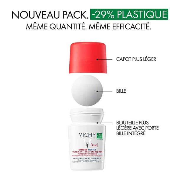 Déodorant roll-on VICHY stress resist 72h déconstruit avec un nouvel emballage contenant 29 % de plastique en moins.