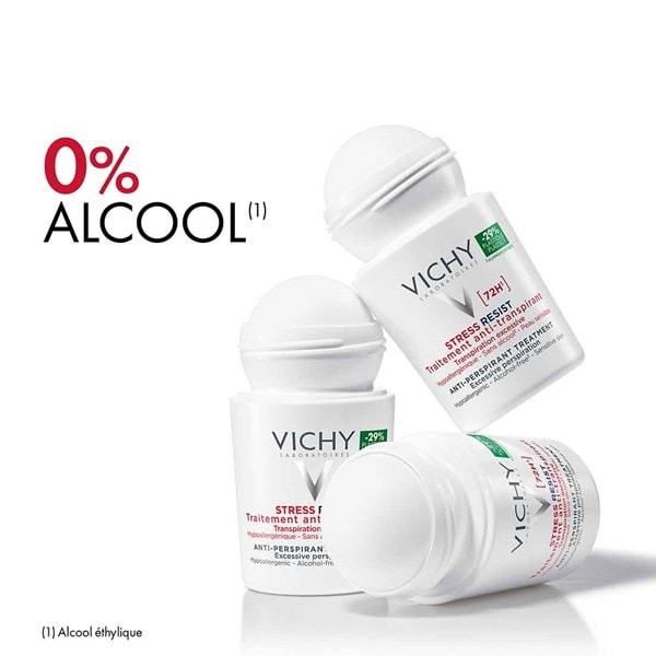 Image de trois déodorants roll-on VICHY stress resist 72h sans capuchon, sans alcool.