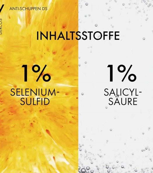 Das Vichy Dercos Anti-Schuppen Shampoo enthält 1% Selenium-Sulfid sowie 1% Salicylsäure
