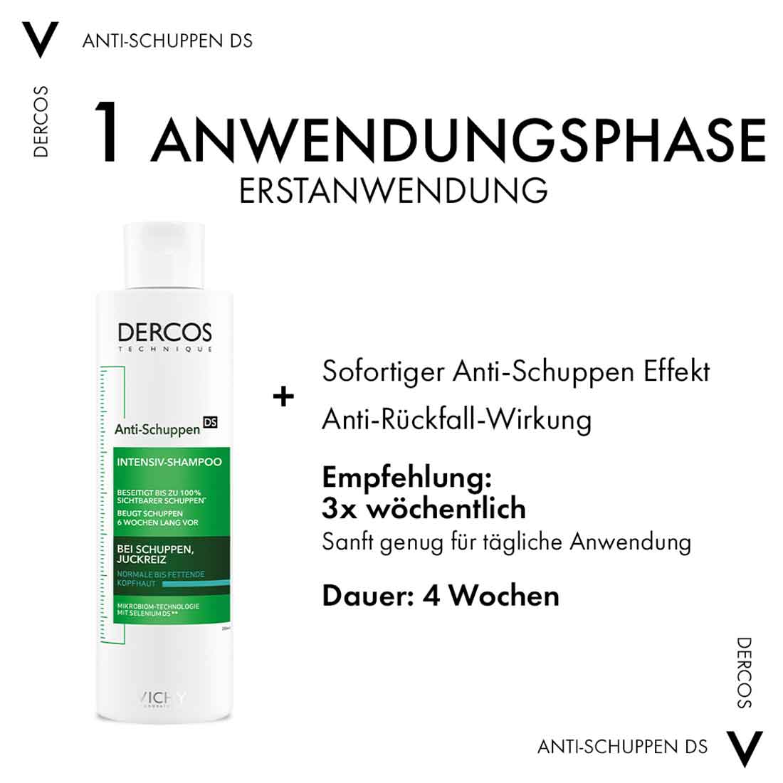 In der ersten Anwendungsphase (der Erstanwendung) gibt es einen sofortigen Anti-Schuppen Effekt und eine Anti-Rückfall-Wirkung. In dieser 4 wöchigen Phase wird empfohlen das Shampoo 3 mal wöchentlich zu nutzen, aber es ist auch sanft genug für eine tägliche Anwendung.