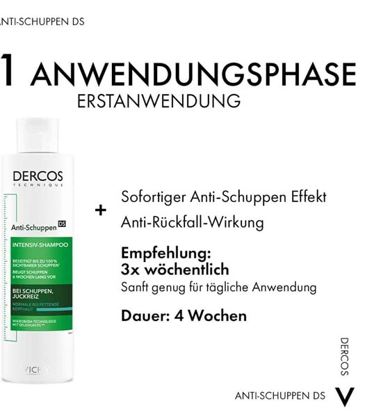 In der ersten Anwendungsphase (der Erstanwendung) gibt es einen sofortigen Anti-Schuppen Effekt und eine Anti-Rückfall-Wirkung. In dieser 4 wöchigen Phase wird empfohlen das Shampoo 3 mal wöchentlich zu nutzen, aber es ist auch sanft genug für eine tägliche Anwendung.