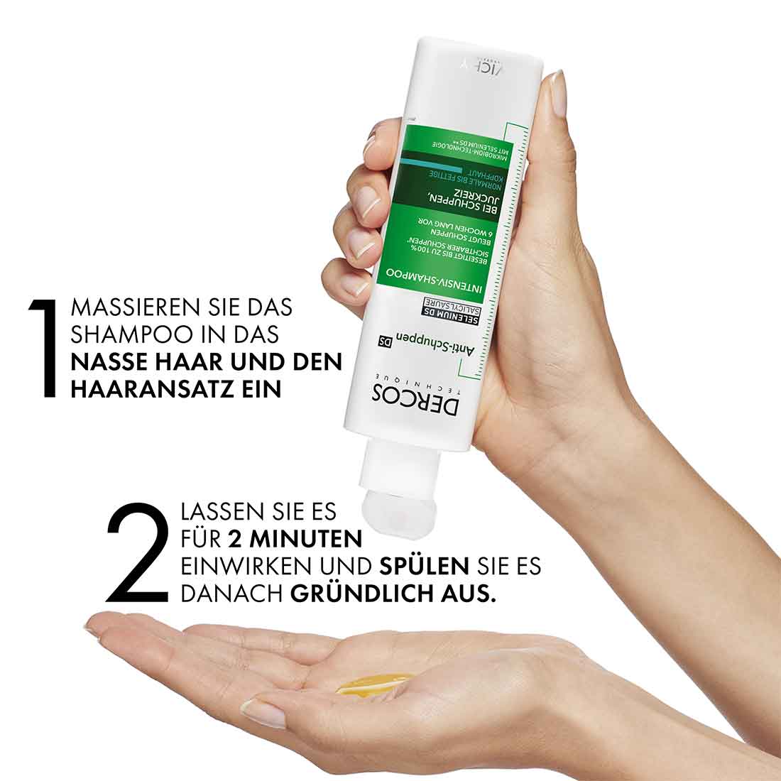 Das Shampoo wird aus der Flasche in die Handinnenfläche gegeben. Das Shampoo soll in das nasse Haar un din den Haaransatz einmassiert werden. Anschließend soll es für zwei Minuten einwirken und danach gründlich ausgespült werden.