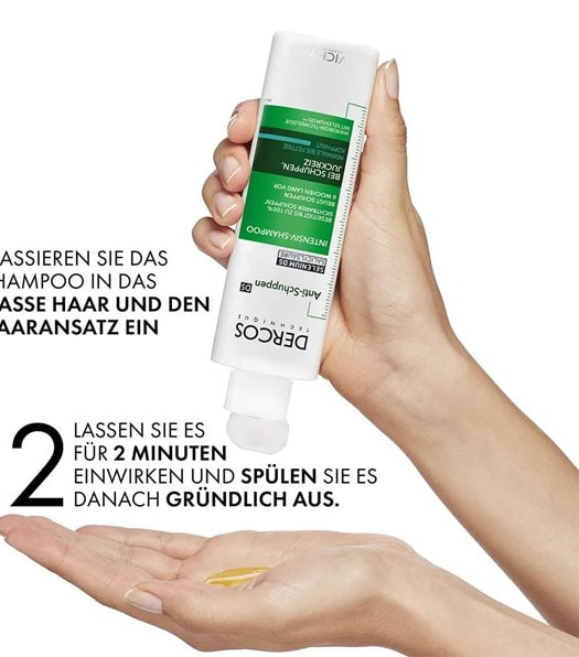 Das Shampoo wird aus der Flasche in die Handinnenfläche gegeben. Das Shampoo soll in das nasse Haar un din den Haaransatz einmassiert werden. Anschließend soll es für zwei Minuten einwirken und danach gründlich ausgespült werden.