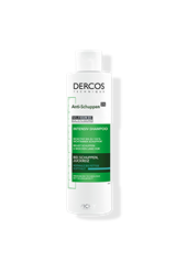 Flasche des Vichy Dercos Technique Anti-Schuppen DS Intensiv-Shampoos mit grün-weißem Etikett. Das Produkt enthält Selenium DS und Salicylsäure und ist für normale bis fettige Kopfhaut gegen Schuppen und Juckreiz geeignet
