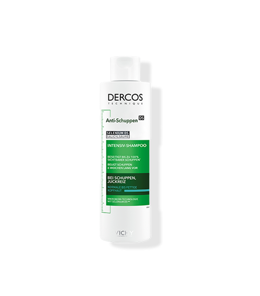 Flasche des Vichy Dercos Technique Anti-Schuppen DS Intensiv-Shampoos mit grün-weißem Etikett. Das Produkt enthält Selenium DS und Salicylsäure und ist für normale bis fettige Kopfhaut gegen Schuppen und Juckreiz geeignet