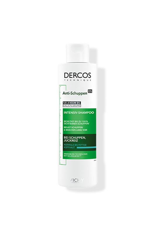 Flasche des Vichy Dercos Technique Anti-Schuppen DS Intensiv-Shampoos mit grün-weißem Etikett. Das Produkt enthält Selenium DS und Salicylsäure und ist für normale bis fettige Kopfhaut gegen Schuppen und Juckreiz geeignet
