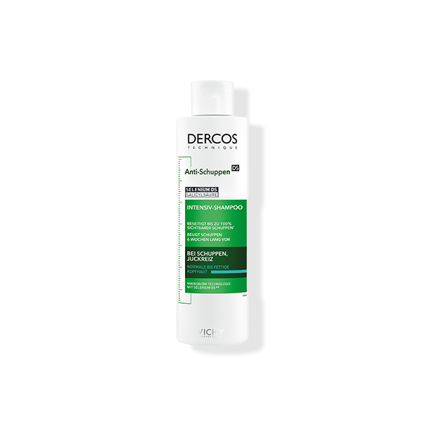 Flasche des Vichy Dercos Technique Anti-Schuppen DS Intensiv-Shampoos mit grün-weißem Etikett. Das Produkt enthält Selenium DS und Salicylsäure und ist für normale bis fettige Kopfhaut gegen Schuppen und Juckreiz geeignet