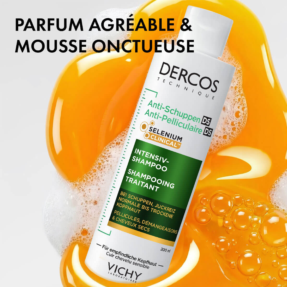 Shampooing antipelliculaire Vichy Dercos au Selenium Clinical sur mousse orange; parfum agréable et mousse onctueuse.