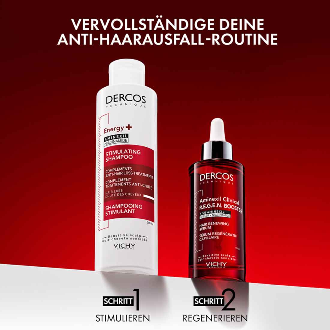 Anti-Haarausfall-Routine mit Vichy Dercos Technique Shampoo und Serum.