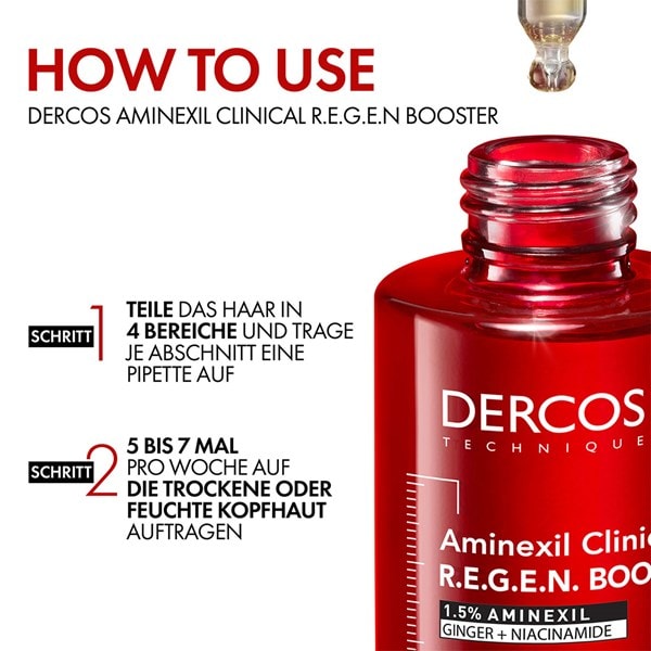 So wendest Du das Serum an: Teile dein Haar in 4 Bereiche und trage je Abschnitt eine Pipette auf, wiederhole das 5 bis 7 mal pro Woche auf trockener oder feuchter Kopfhaut